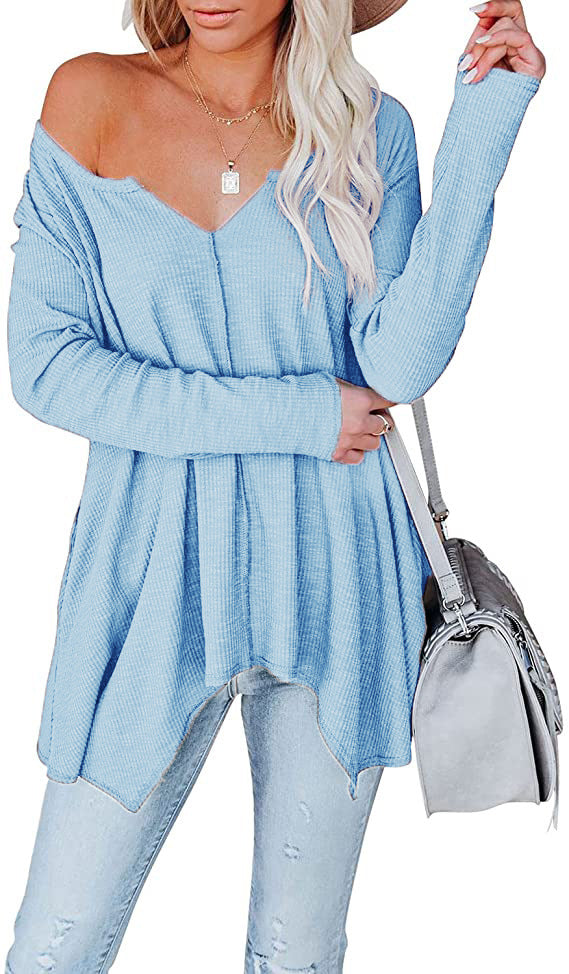 Damen Freizeit Waffelstrick Tunika mit V-Ausschnitt, Off-Shoulder und asymmetrischem Saum Drune