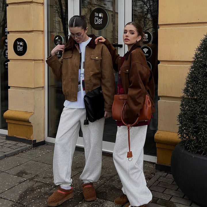 Damen Boxy-Suede-Blousonjacke mit Cordkragen und Teddyfutter Drune