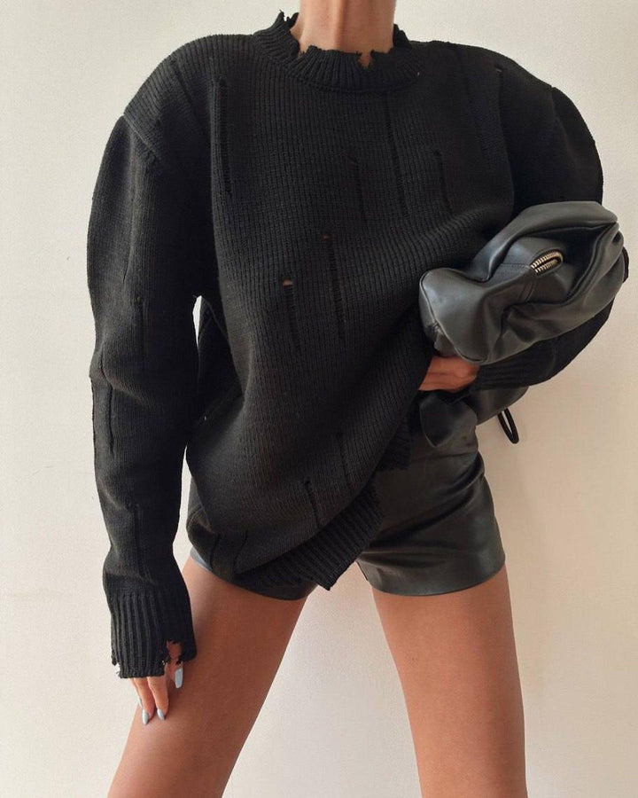 Damen Oversized Grobstrickpullover mit Distressed-Details und geripptem Saum Drune