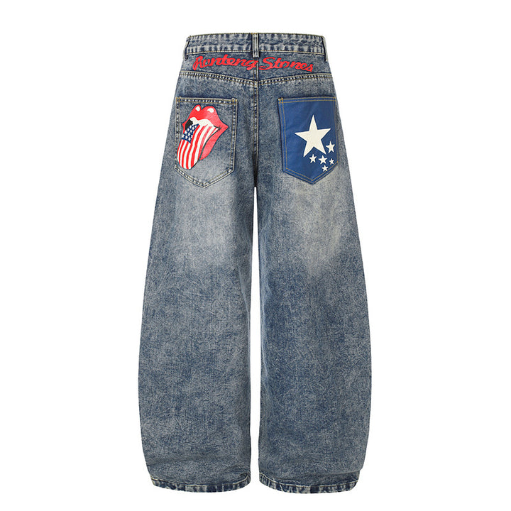 Damen High‑Waist Weite Palazzo-Jeans mit Statement-Patches und Retro-Embelishments Drune