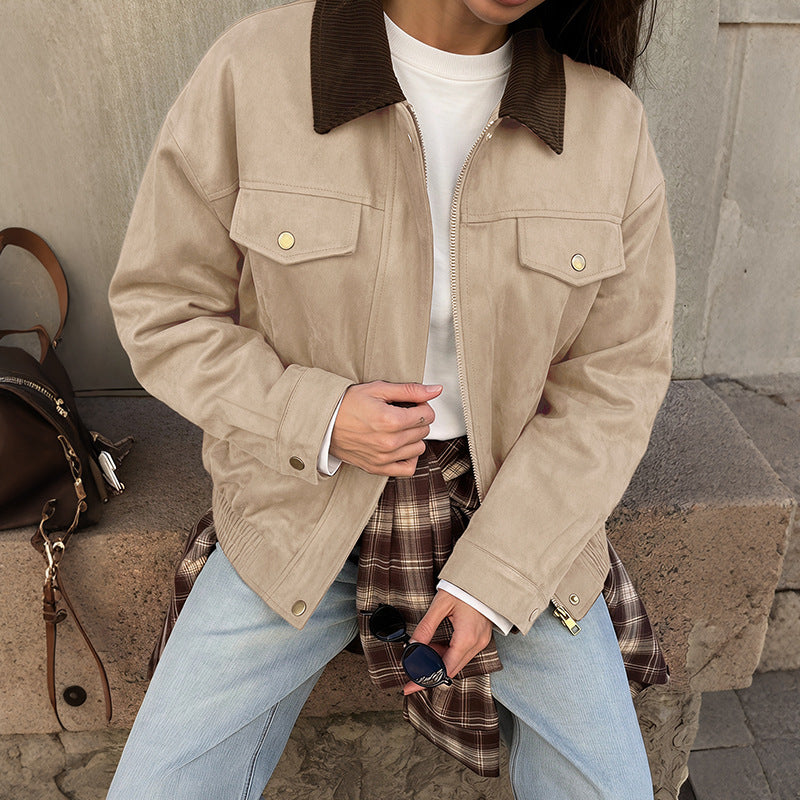 Damen Modische Velours-Lederjacke mit Cordkragen Drune