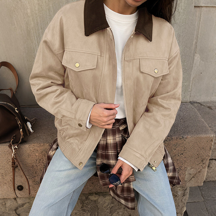 Damen Modische Velours-Lederjacke mit Cordkragen Drune