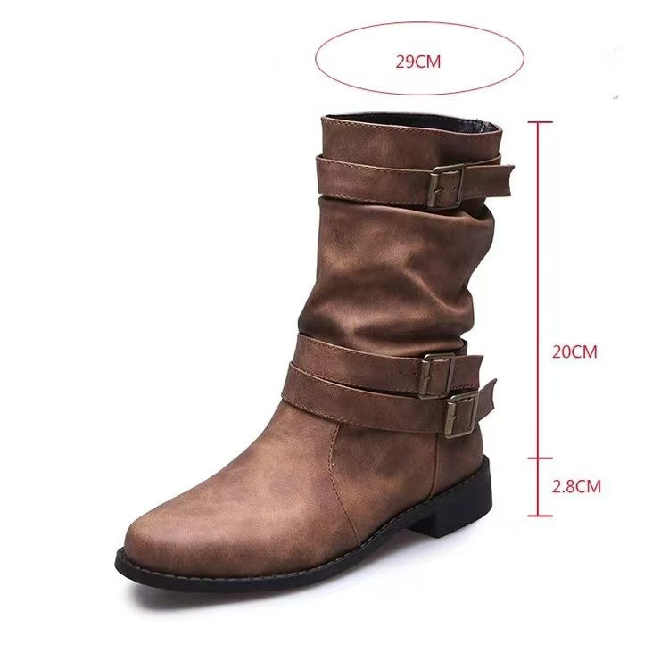 Damen nan lässiger mittlerer Schaftstiefel mit weichem Slouch-Effekt, dekorativen Schnallenriemen und robustem Blockabsatz Drune
