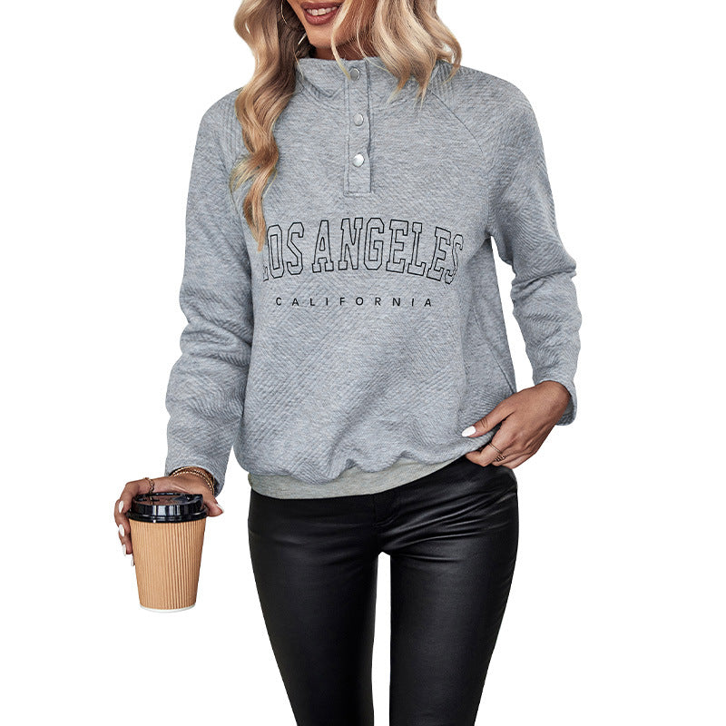 Damen Lockeres College-Sweatshirt mit KnDruneelkragen, Rippenbund und großem City-Print Drune