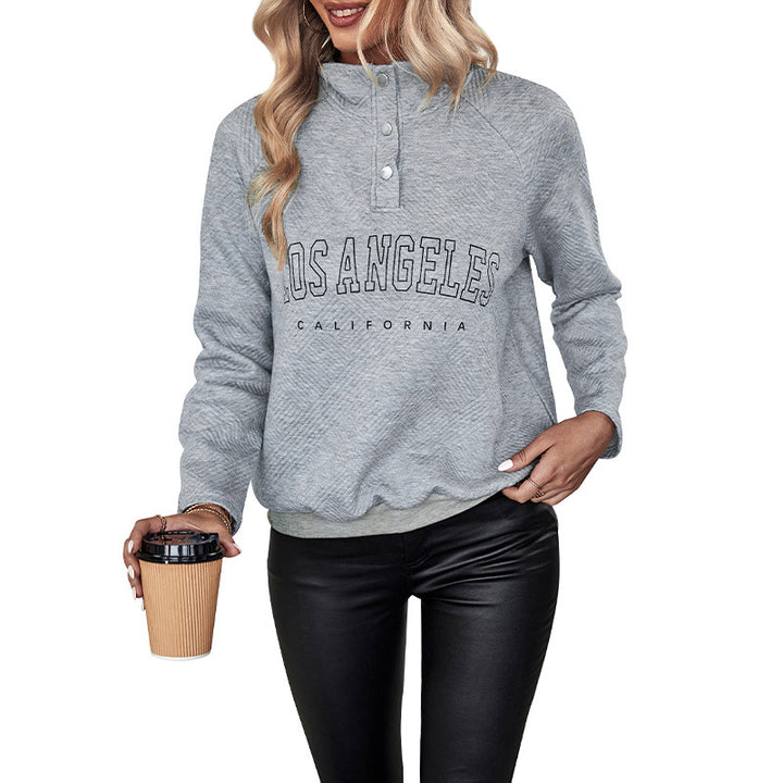 Damen Lockeres College-Sweatshirt mit KnDruneelkragen, Rippenbund und großem City-Print Drune