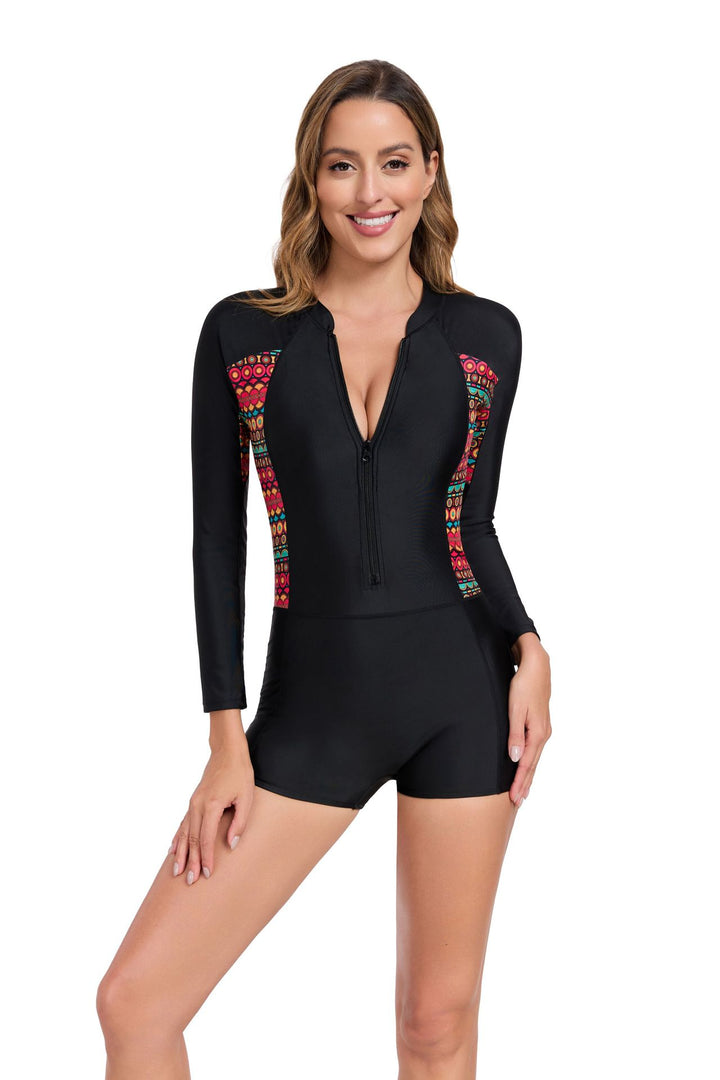 Damen Sportlicher Langarm-Badeanzug mit buntem Design Drune