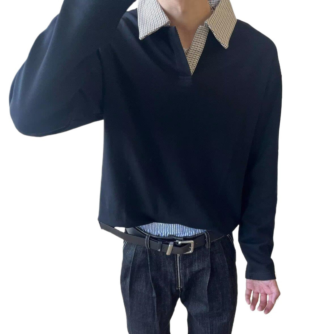 Damen Langärmeliges Polo-Shirt mit kontrastierendem Hahnentrittmuster Kragen Drune