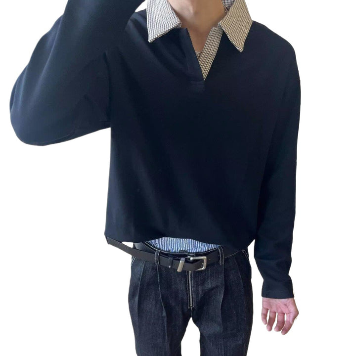 Damen Langärmeliges Polo-Shirt mit kontrastierendem Hahnentrittmuster Kragen Drune