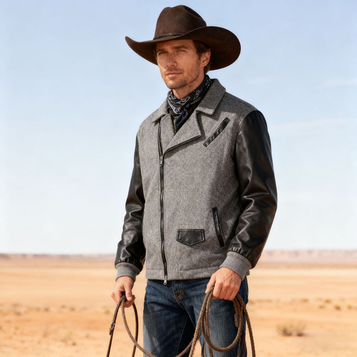 Herren Kurzjacke im Aviator‑Style mit Kontrastärmeln und asymmetrischem Reißverschluss Drune
