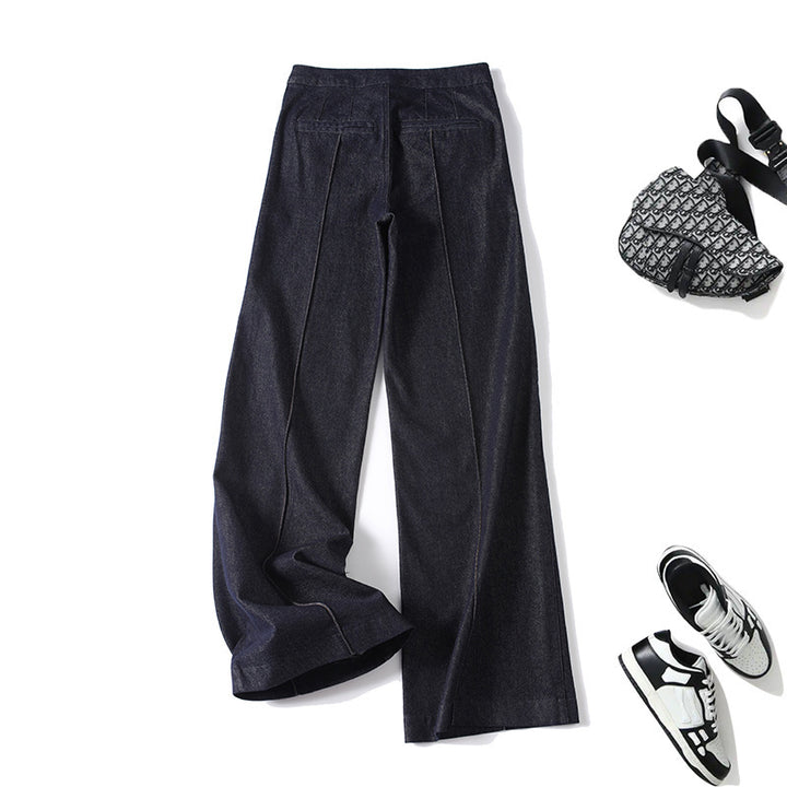 Damen High‑Waist Weite Denimhose mit durchgehender Mittelnaht und aufgesetzten Taschen Drune