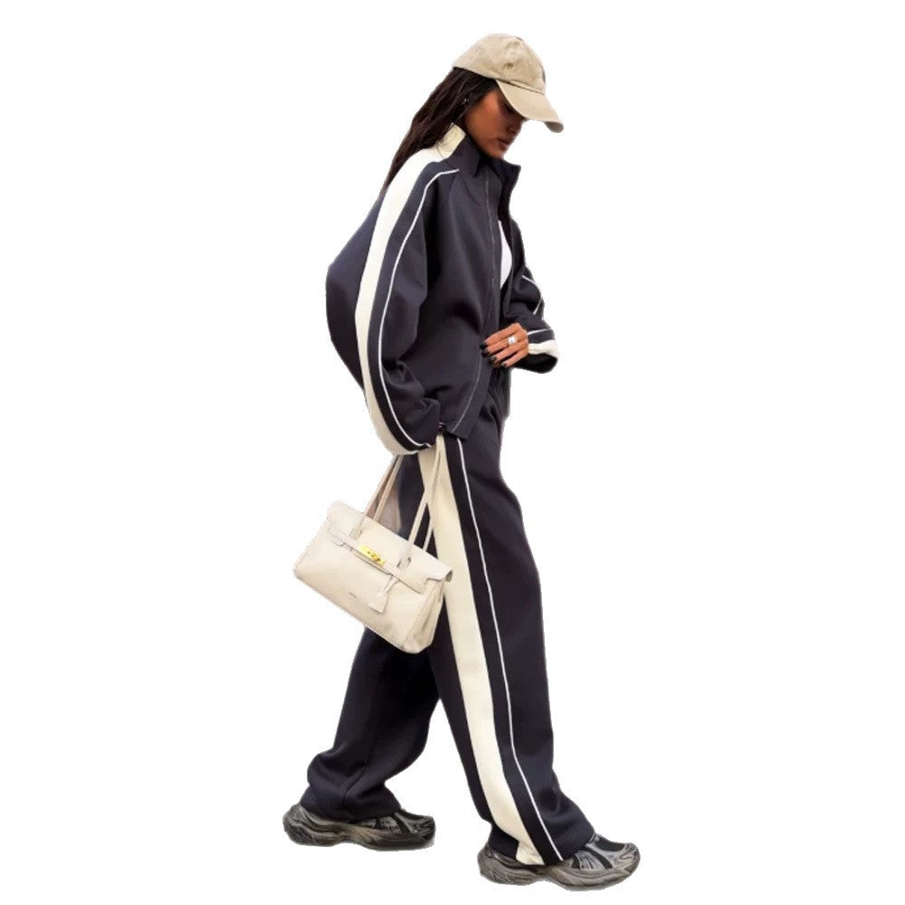 Damen Oversize-Trackset mit Reißverschlussjacke, weitem Jogger und Kontrastseitenstreifen Drune