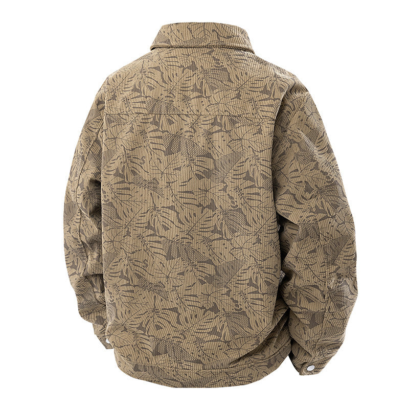 Herren Cord-Truckerjacke mit Jacquard-Blattmuster und Druckknopfleiste Drune