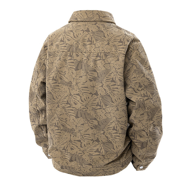 Herren Cord-Truckerjacke mit Jacquard-Blattmuster und Druckknopfleiste Drune