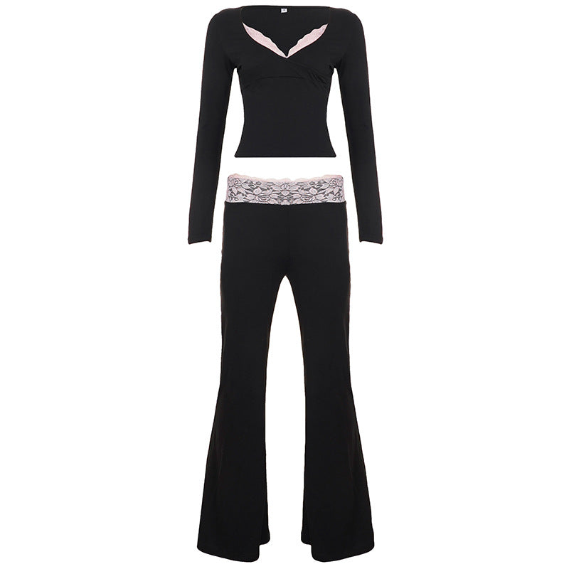 Damen nan Lounge-Set mit Spitzenbund, V-Ausschnitt und ausgestellter Schlaghose Drune