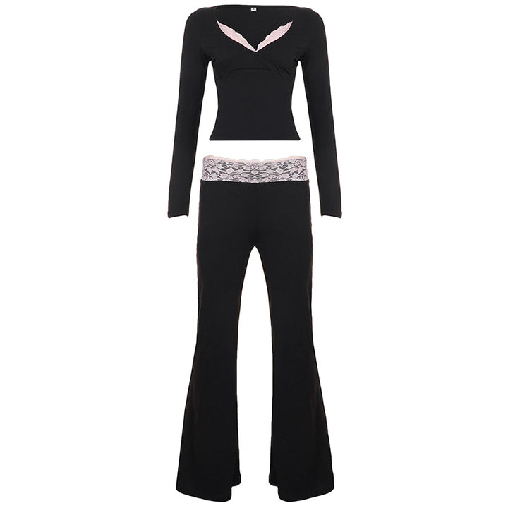 Damen nan Lounge-Set mit Spitzenbund, V-Ausschnitt und ausgestellter Schlaghose Drune