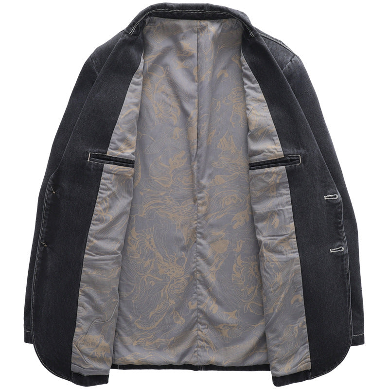 Herren Casual-Jeansblazer mit Reverskragen, aufgesetzten Pattentaschen und floral gemustertem Innenfutter Drune