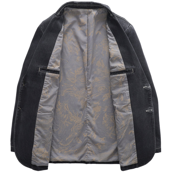 Herren Casual-Jeansblazer mit Reverskragen, aufgesetzten Pattentaschen und floral gemustertem Innenfutter Drune