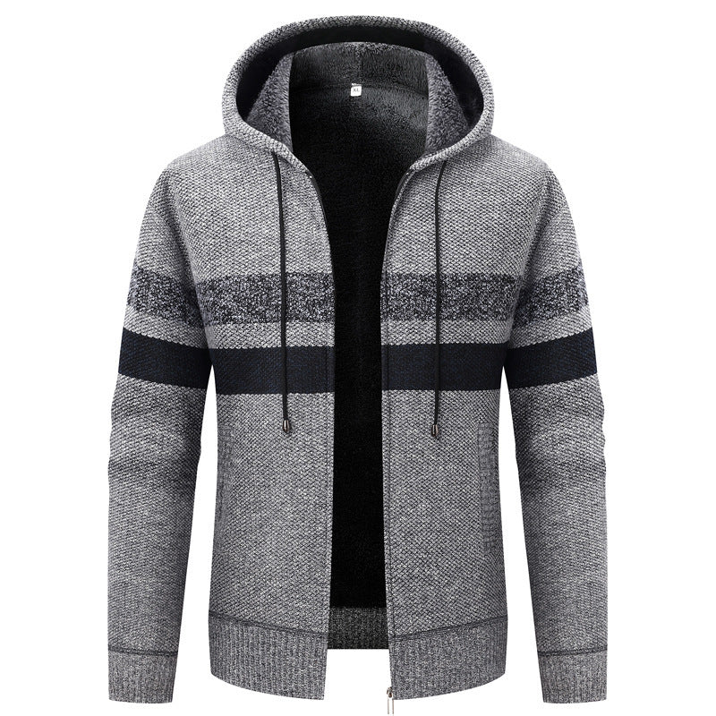 Herren Strick-Ziphoodie mit Teddyfutter, durchgehendem Reißverschluss und Blockstreifen Drune