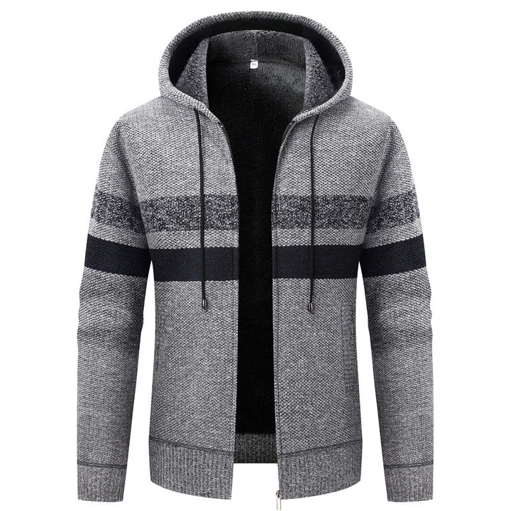 Herren Strick-Ziphoodie mit Teddyfutter, durchgehendem Reißverschluss und Blockstreifen Drune