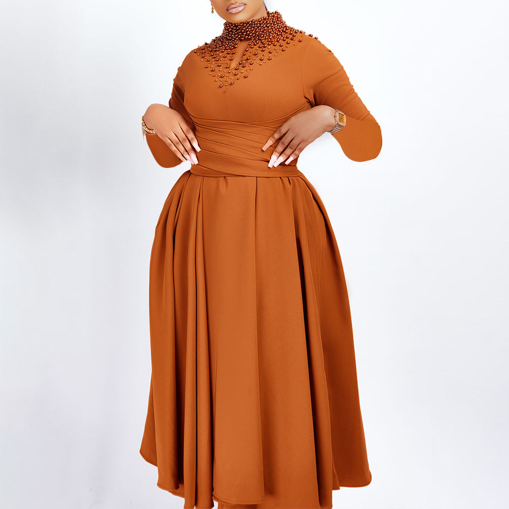 Damen elegantes Maxikleid mit kunstvoller Perlenverzierung und tailliertem Design Drune