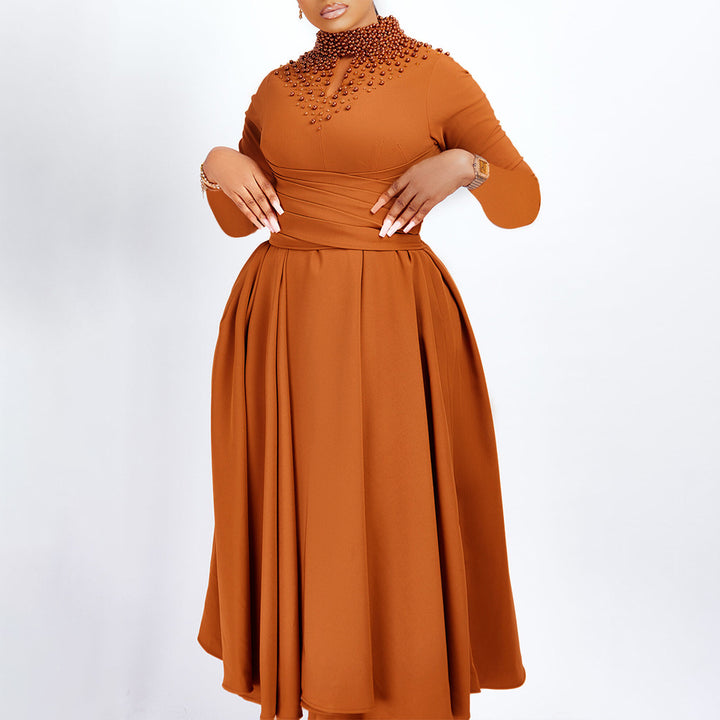 Damen elegantes Maxikleid mit kunstvoller Perlenverzierung und tailliertem Design Drune
