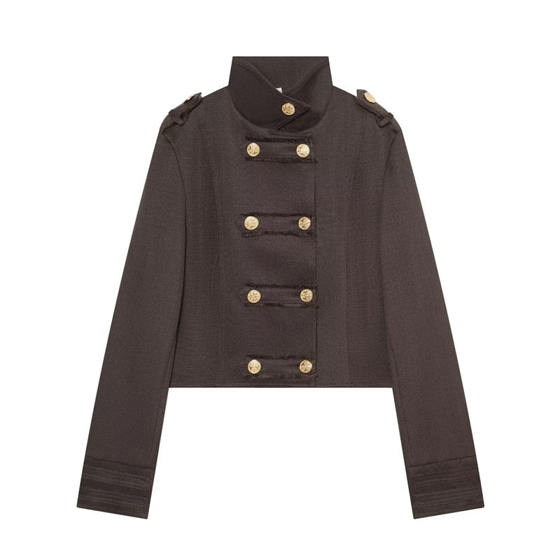 Damen Cropped Uniformjacke im Militärstil mit Stehkragen und Zierknopfleiste Drune