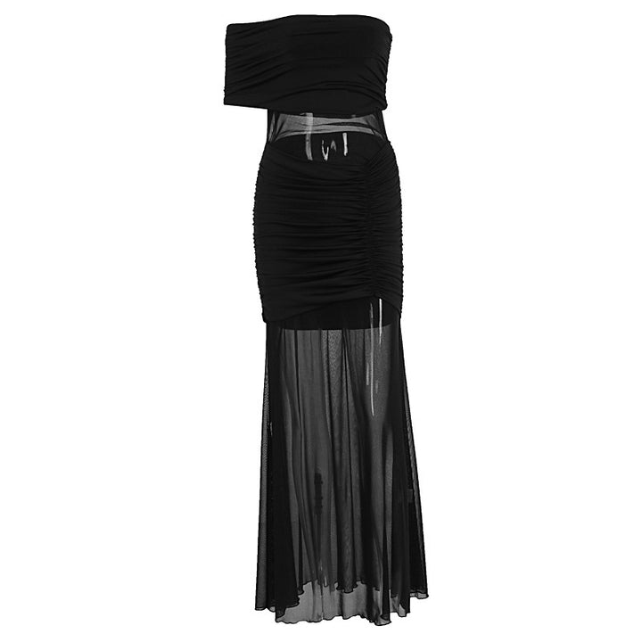 Damen Off-Shoulder Maxikleid mit transparenten Elemente und Raffung Drune