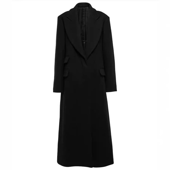 Damen Bodenlanger Longline Einreiher Wollmix-Mantel mit markanter Schulterpartie Drune