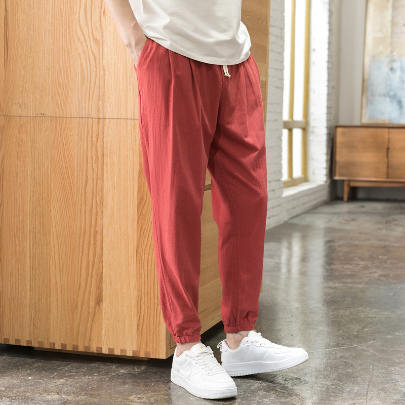 Herren Relaxed-Fit Leinenmix Jogginghose mit Bundfalten, Kordelzug und elastischen Beinabschlüssen Drune
