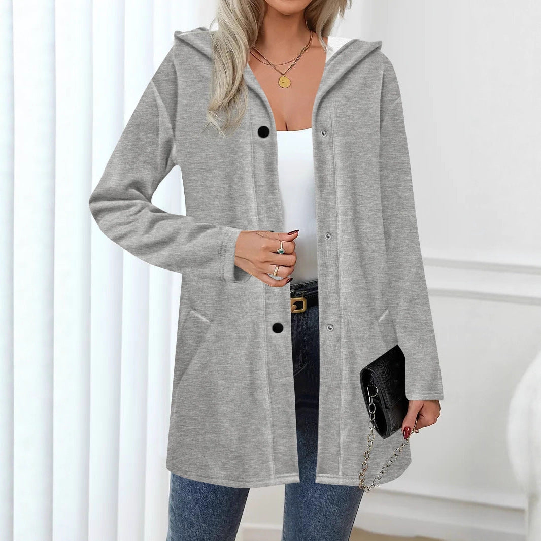 Damen Langer Kapuzen-Cardigan mit Druckknopfleiste, Eingrifftaschen und legerer Silhouette Drune