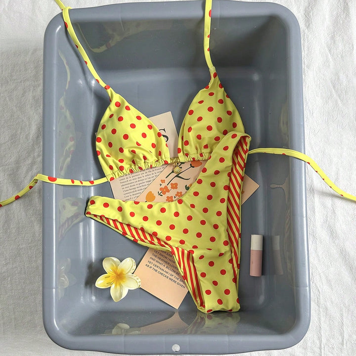 Damen Polka-Dots Triangel-Bikini mit verstellbaren Trägern Drune