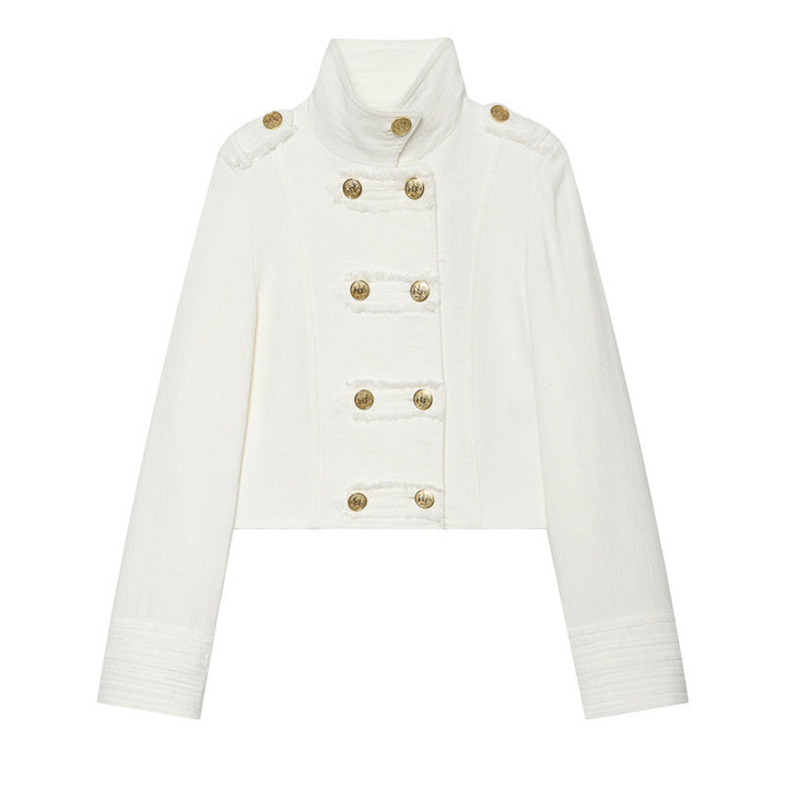 Damen Cropped Militärblazer mit Stehkragen, Epauletten und dekorativer Zierknopfleiste Drune
