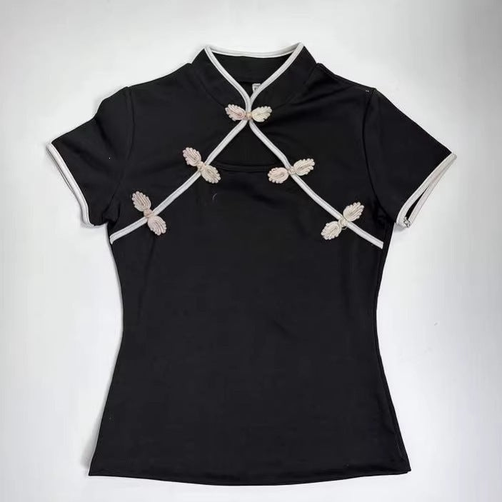 Damen Chinesisch inspirierte Bluse mit modernem Stehkragen und floralen Details Drune