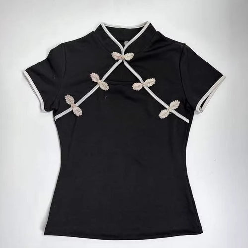 Damen Chinesisch inspirierte Bluse mit modernem Stehkragen und floralen Details Drune