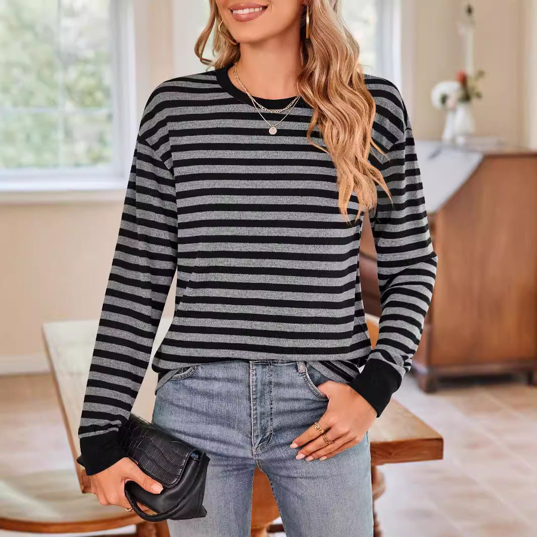 Damen bequemes Langarmshirt mit gestreiftem Design und Rundhalsausschnitt Drune