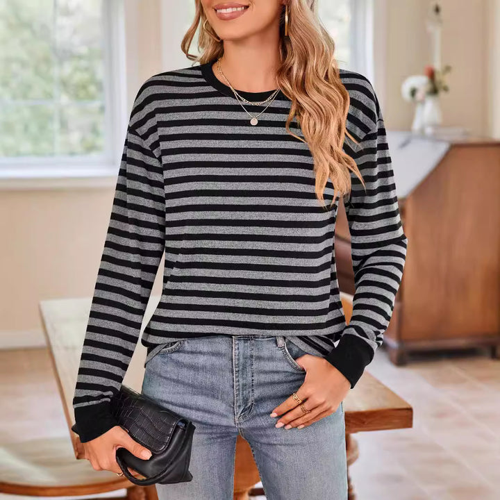 Damen bequemes Langarmshirt mit gestreiftem Design und Rundhalsausschnitt Drune