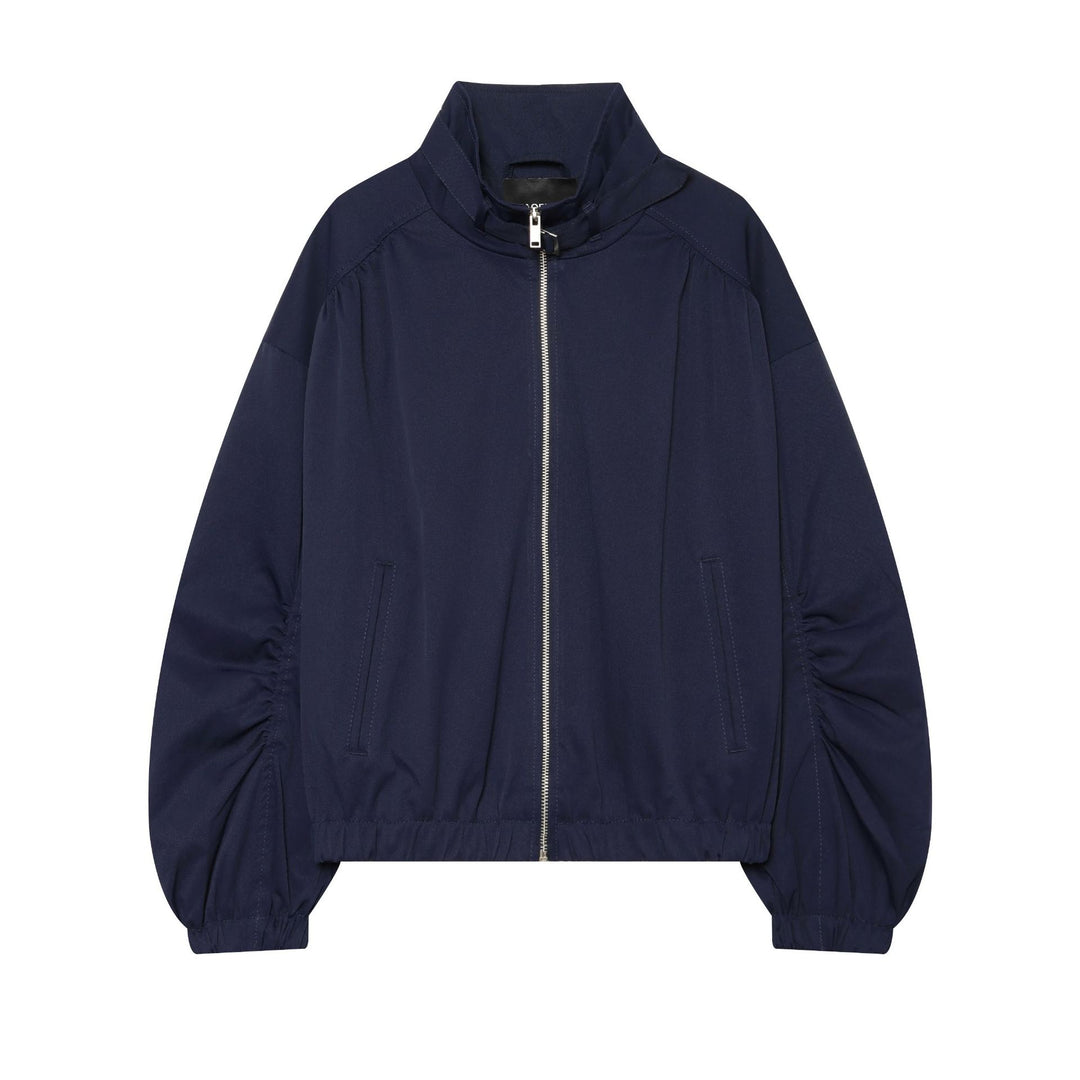 Damen Cropped Bomberjacke mit Stehkragen und gerafften Ballonärmeln Drune