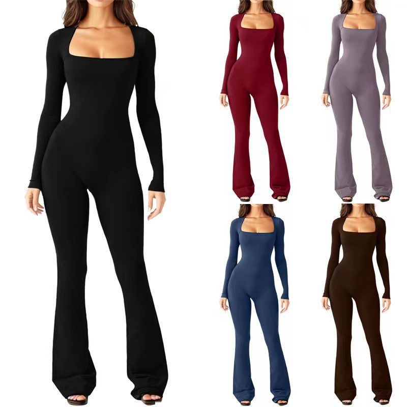 Damen figurbetontes Jumpsuit mit quadratischem Ausschnitt, langen Ärmeln und ausgestellt Bein Drune