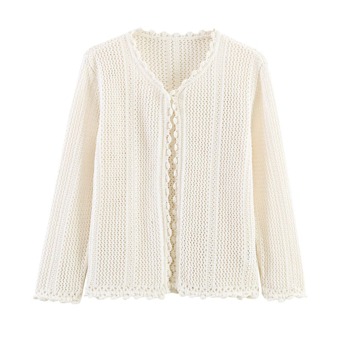 Damen Offener Häkel-Cardigan mit V-Ausschnitt und Wellenkante Drune