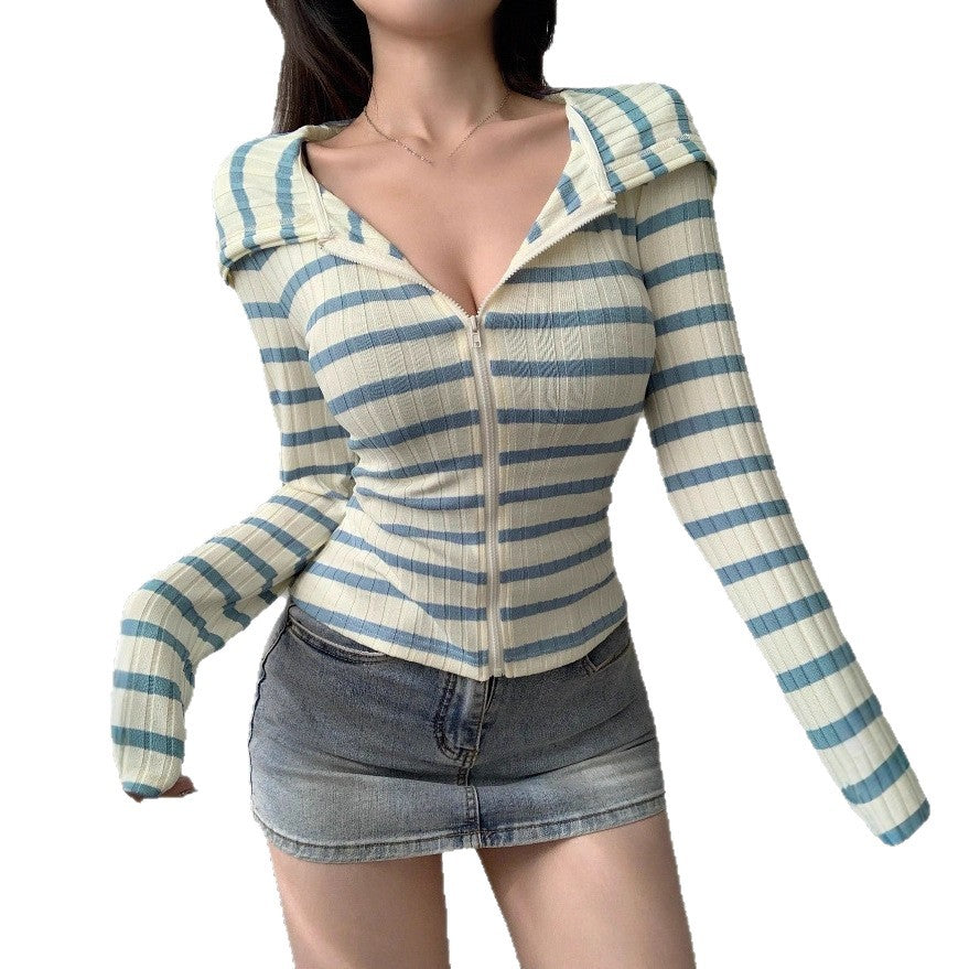 Damen Figurbetontes Langarmshirt mit Reißverschluss Drune
