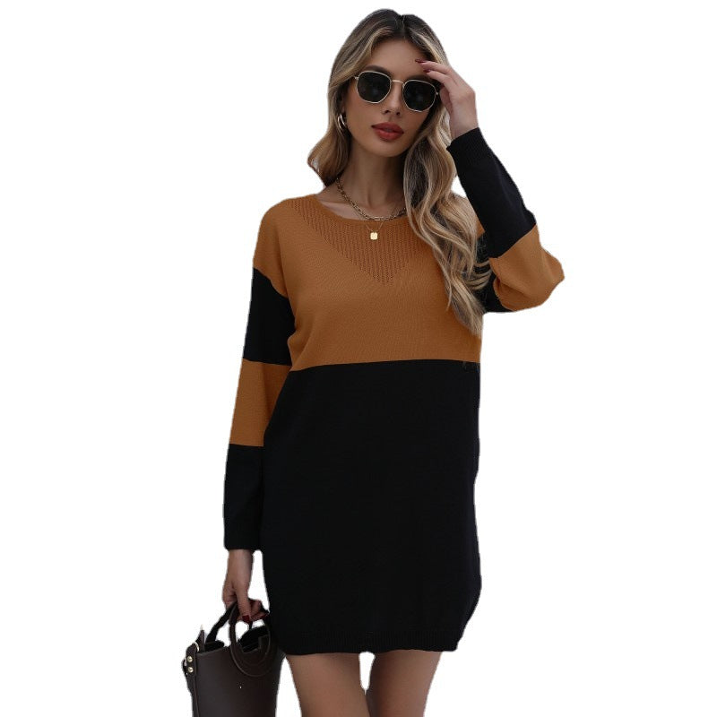Damen Feinstrick-Minikleid mit Colorblock-Design, V‑Ajour-Ausschnitt und geripptem Saum Drune