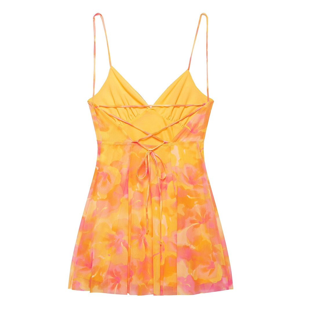 Damen Minikleid mit Floralem Muster und Feinen Spaghettiträgern Drune