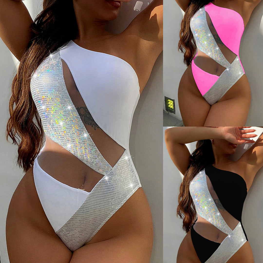Damen Einseitiger Cut-Out Badeanzug mit glitzerndem Designelement Drune