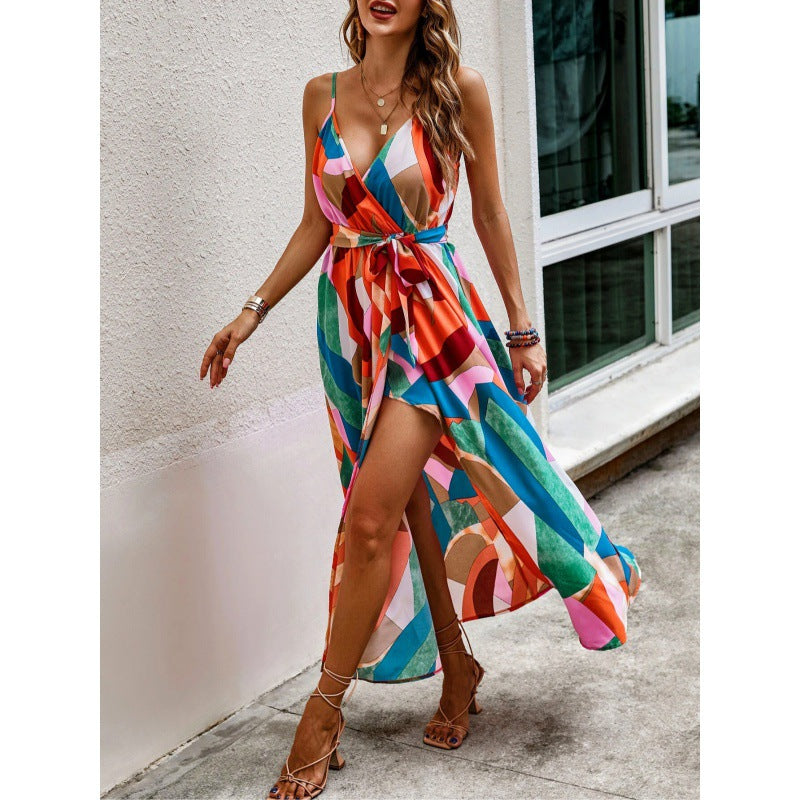 Damen Maxikleid mit modernem geometrischen Muster und schickem Taillengürtel Drune