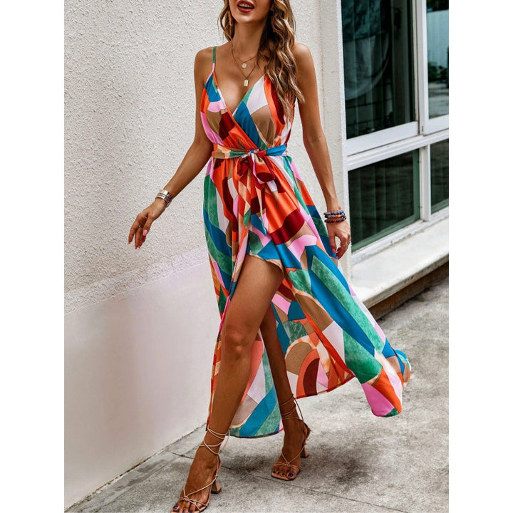 Damen Maxikleid mit modernem geometrischen Muster und schickem Taillengürtel Drune