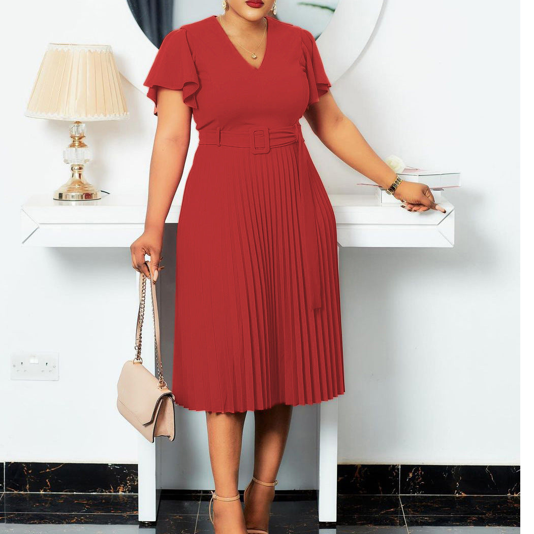 Damen Plissee Kleid mit eleganter Taille und Taillengürtel Drune