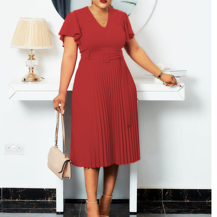 Damen Plissee Kleid mit eleganter Taille und Taillengürtel Drune