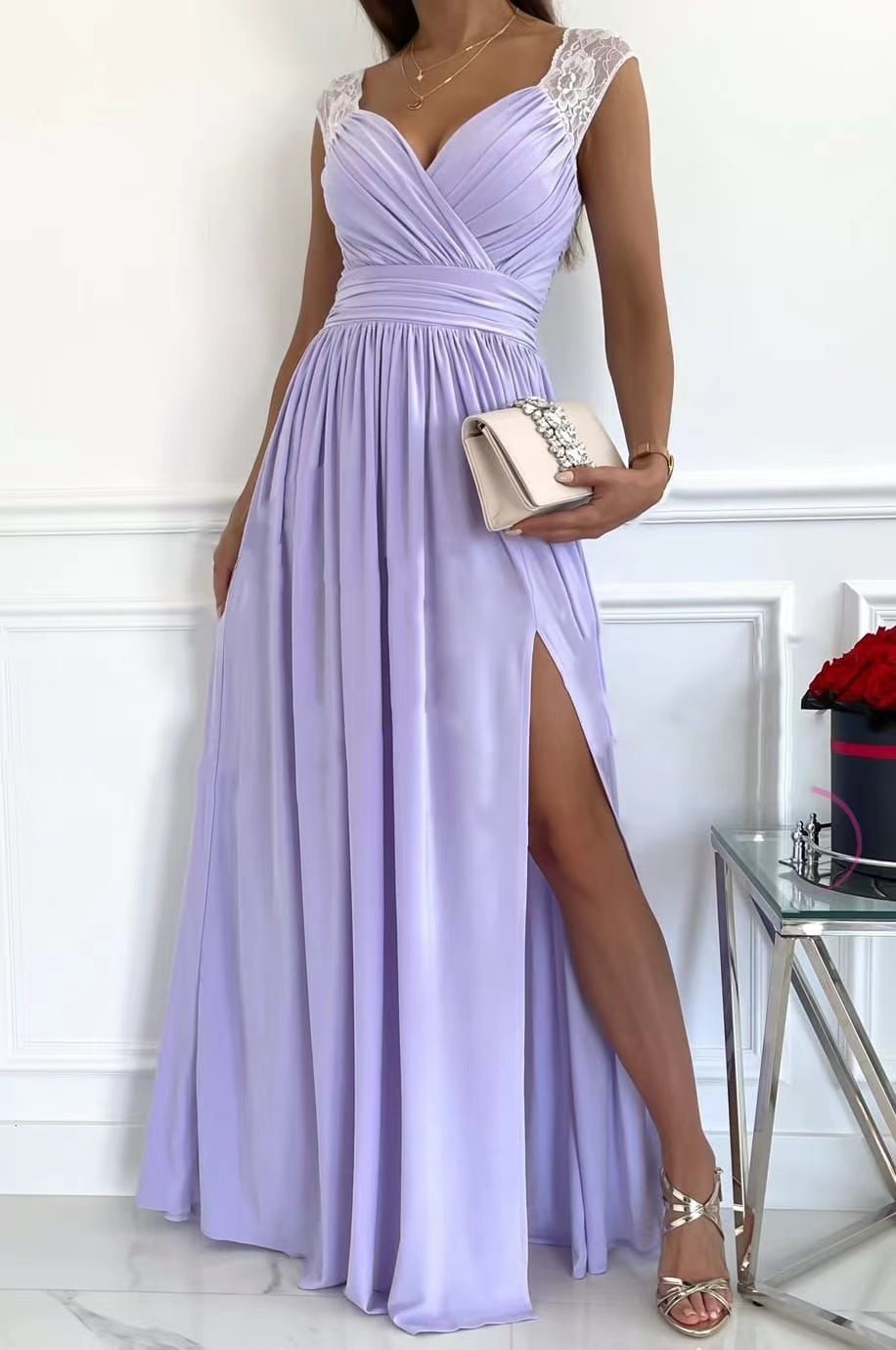 Damen elegantes Maxikleid mit Spitzenärmeln und seitlichem Schlitz Drune