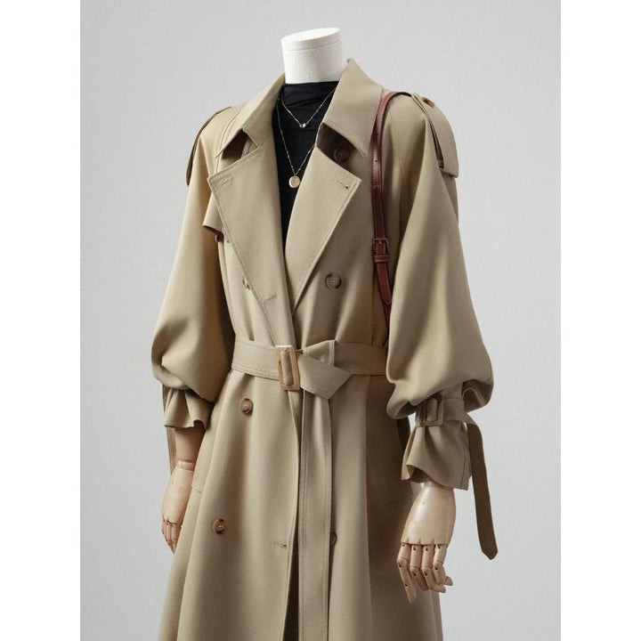 Damen Doppelreihiger Trenchcoat mit Taillengürtel und Ballonärmeln Drune