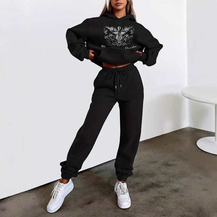 Damen nan zweiteiliges Lounge-Set Kapuzenpullover Cropped und High-Waist Jogginghose mit Engelsmotiv und elastischem Bund Drune